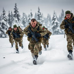 A dynamic scene depicting a group of Russian soldiers in action, running through a snow-covered landscape while visibly expressing urgency and determination