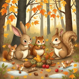 A charming forest scene depicting a rabbit, a squirrel, and a small bird gathering food together in the woods