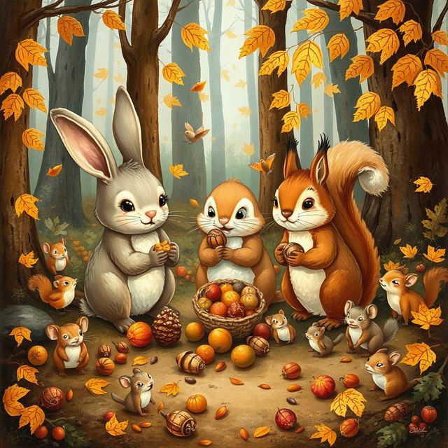 A charming forest scene depicting a rabbit, a squirrel, and a small bird gathering food together in the woods