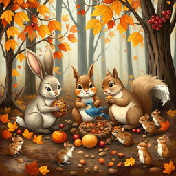 A charming forest scene depicting a rabbit, a squirrel, and a small bird gathering food together in the woods