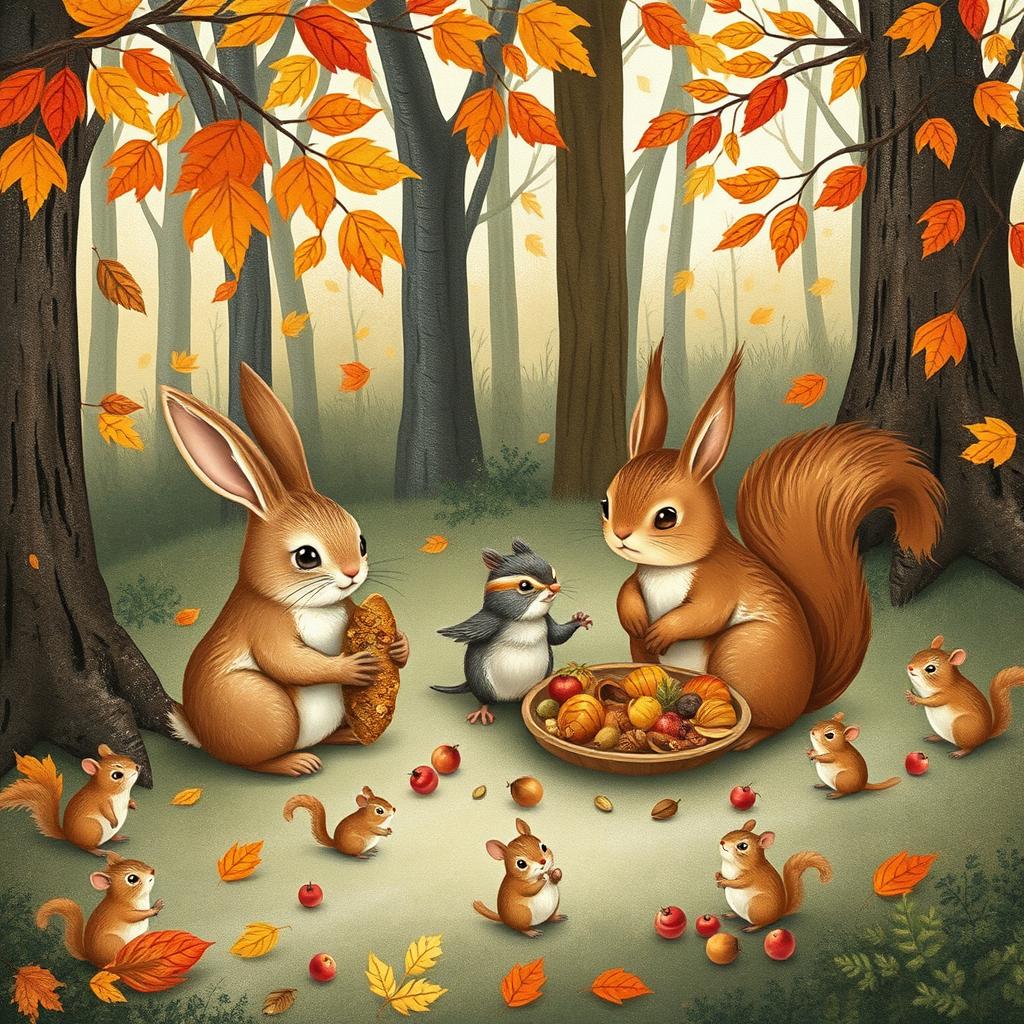 A charming forest scene depicting a rabbit, a squirrel, and a small bird gathering food together in the woods