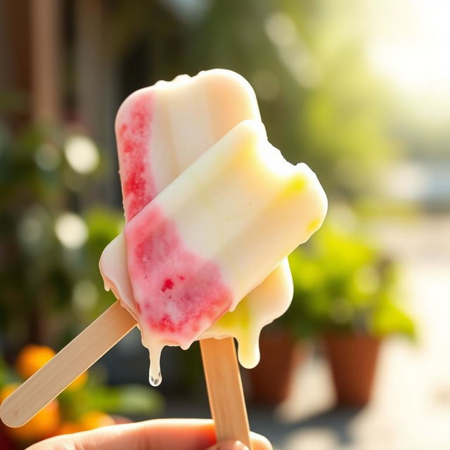 A delicious ice cream popsicle with rich, creamy texture, showcasing vibrant colors like bright pink strawberry, creamy white vanilla, and refreshing green mint