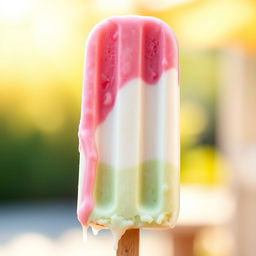 A delicious ice cream popsicle with rich, creamy texture, showcasing vibrant colors like bright pink strawberry, creamy white vanilla, and refreshing green mint