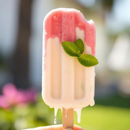 A delicious ice cream popsicle with rich, creamy texture, showcasing vibrant colors like bright pink strawberry, creamy white vanilla, and refreshing green mint