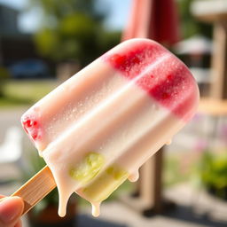 A delicious ice cream popsicle with rich, creamy texture, showcasing vibrant colors like bright pink strawberry, creamy white vanilla, and refreshing green mint