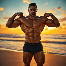 A striking image of a muscular person standing confidently on a beach during sunset