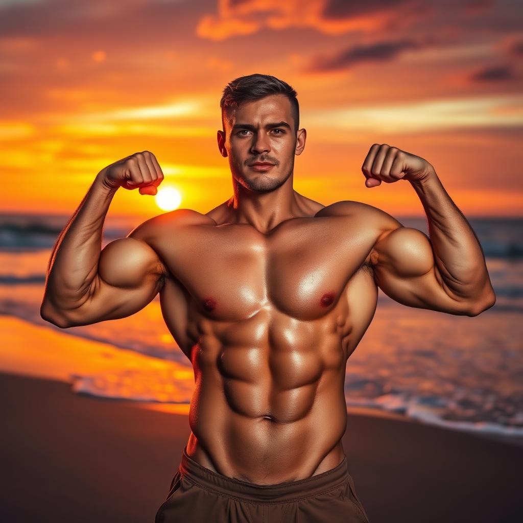 A striking image of a muscular person standing confidently on a beach during sunset