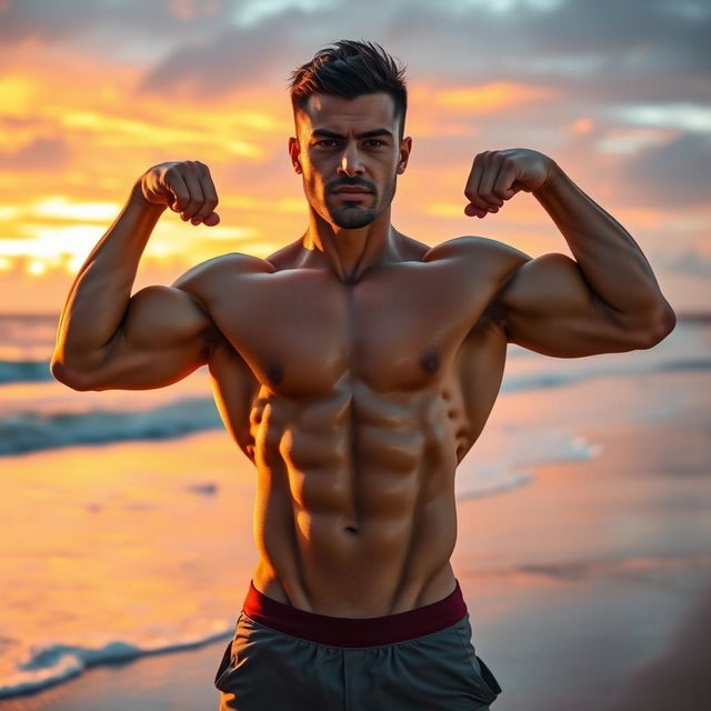 A striking image of a muscular person standing confidently on a beach during sunset