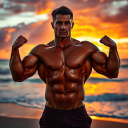 A striking image of a muscular person standing confidently on a beach during sunset