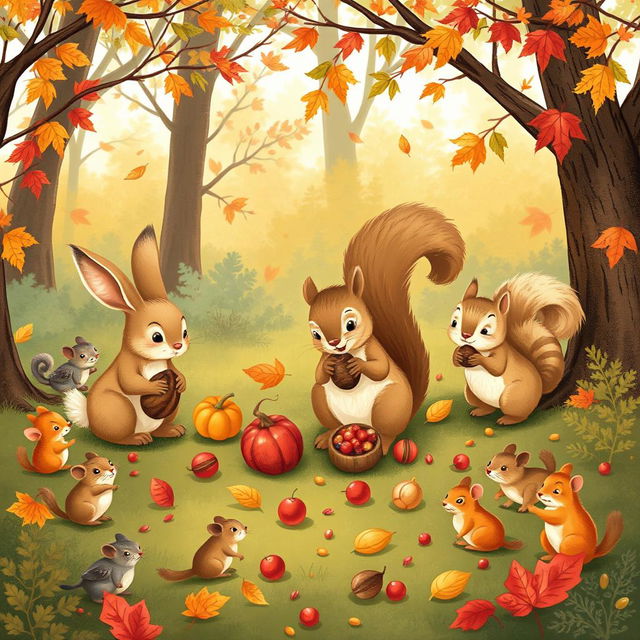 A delightful illustration depicting a rabbit, a squirrel, and a small bird gathering food in a lush forest