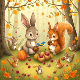 A delightful illustration depicting a rabbit, a squirrel, and a small bird gathering food in a lush forest