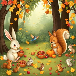A delightful illustration depicting a rabbit, a squirrel, and a small bird gathering food in a lush forest