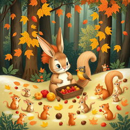 A delightful illustration depicting a rabbit, a squirrel, and a small bird gathering food in a lush forest