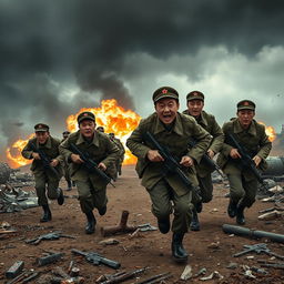 A dramatic and intense scene featuring North Korean soldiers during a chaotic moment in the context of the Kursk War scenario set in Ukraine