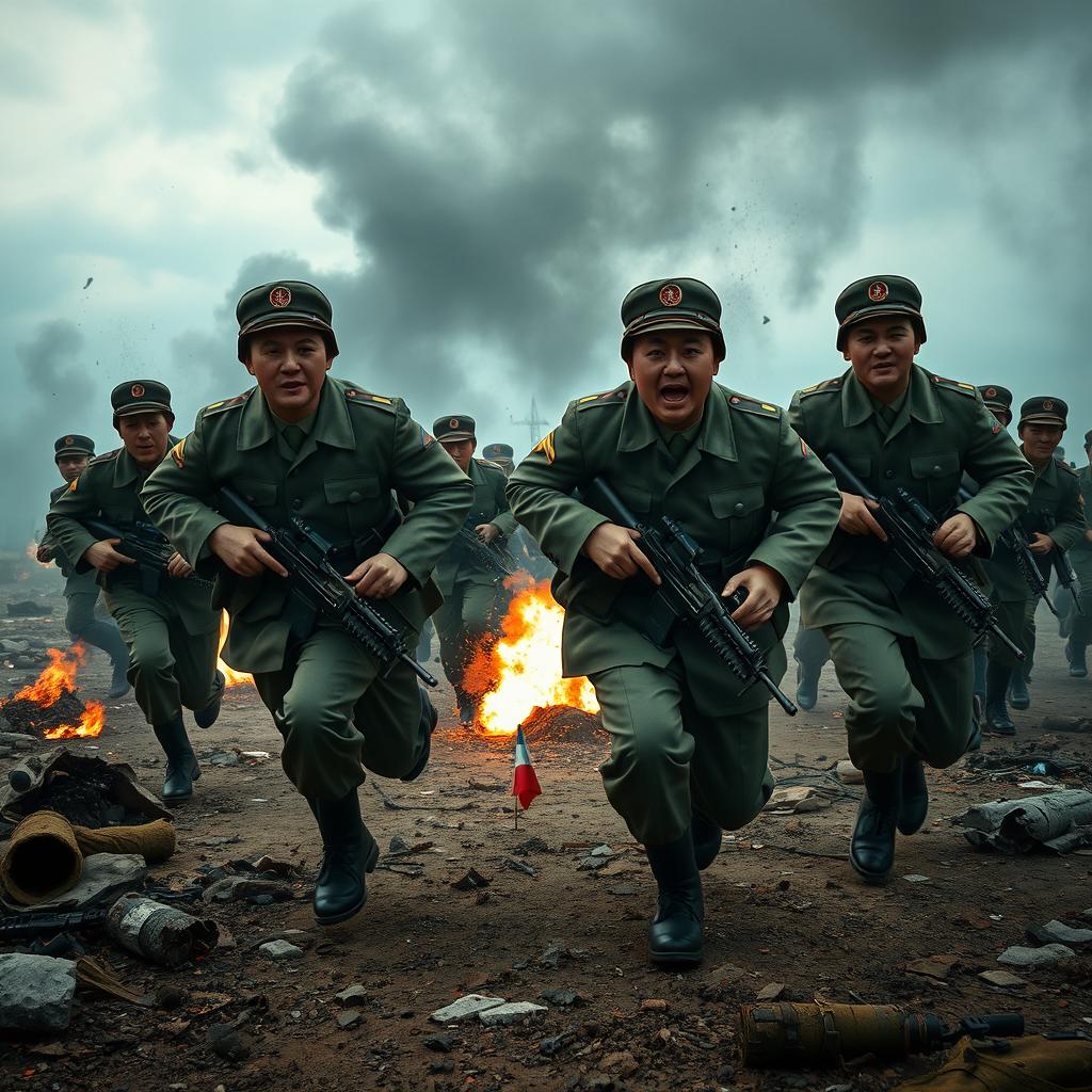 A dramatic and intense scene featuring North Korean soldiers during a chaotic moment in the context of the Kursk War scenario set in Ukraine