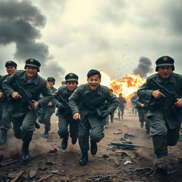 A dramatic and intense scene featuring North Korean soldiers during a chaotic moment in the context of the Kursk War scenario set in Ukraine