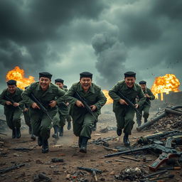 A dramatic and intense scene featuring North Korean soldiers during a chaotic moment in the context of the Kursk War scenario set in Ukraine