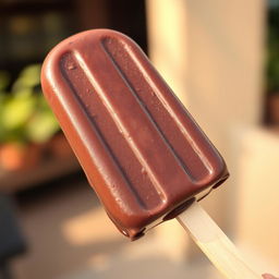 A rich, chocolate-flavored ice cream popsicle with a glossy, dark brown exterior, showcasing a smooth and creamy texture