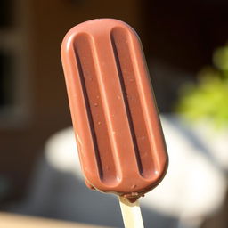 A rich, chocolate-flavored ice cream popsicle with a glossy, dark brown exterior, showcasing a smooth and creamy texture