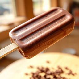 A rich, chocolate-flavored ice cream popsicle with a glossy, dark brown exterior, showcasing a smooth and creamy texture