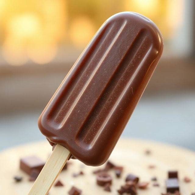 A rich, chocolate-flavored ice cream popsicle with a glossy, dark brown exterior, showcasing a smooth and creamy texture