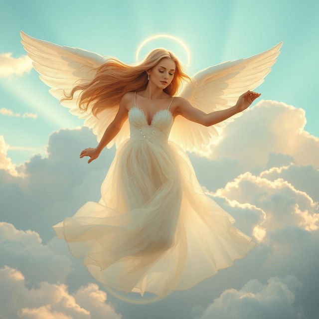 A beautiful angel gracefully flying through fluffy, white clouds, her expansive wings shimmering in the sunlight