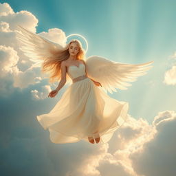 A beautiful angel gracefully flying through fluffy, white clouds, her expansive wings shimmering in the sunlight