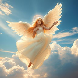 A beautiful angel gracefully flying through fluffy, white clouds, her expansive wings shimmering in the sunlight
