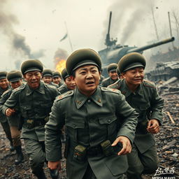 A heart-wrenching scene depicting North Korean soldiers amidst the chaos of Russia's Kursk battle set in Ukraine
