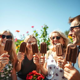A cheerful scene featuring a group of adult friends enjoying chocolate ice cream popsicles together at a sunny outdoor setting