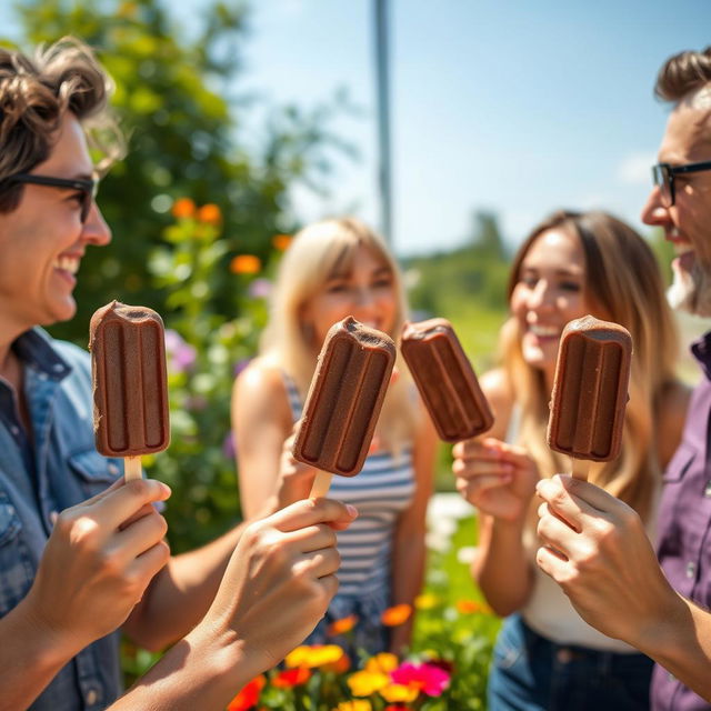 A cheerful scene featuring a group of adult friends enjoying chocolate ice cream popsicles together at a sunny outdoor setting