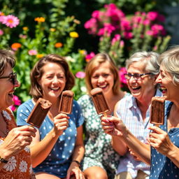 A cheerful scene featuring a group of adult friends enjoying chocolate ice cream popsicles together at a sunny outdoor setting