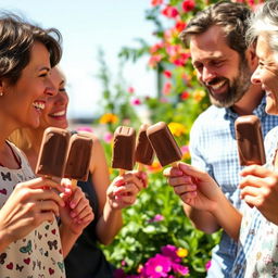 A cheerful scene featuring a group of adult friends enjoying chocolate ice cream popsicles together at a sunny outdoor setting
