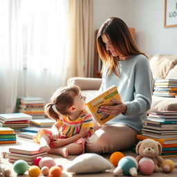 A serene parent-child interaction in a cozy living room, where a mother reads a story to her child