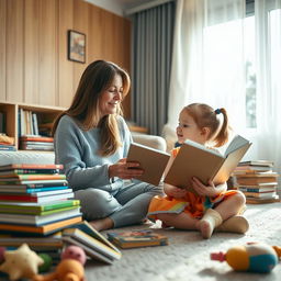 A serene parent-child interaction in a cozy living room, where a mother reads a story to her child