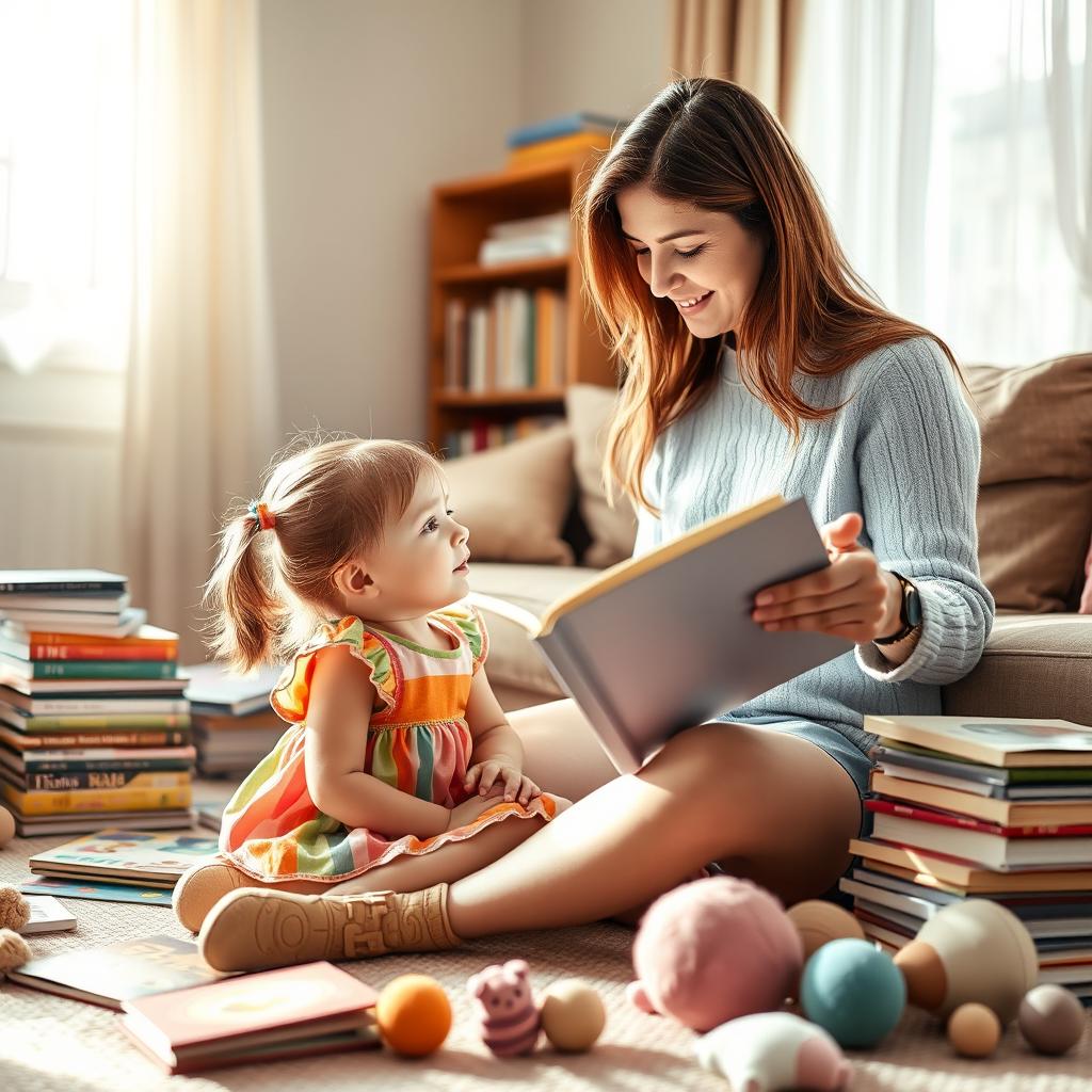 A serene parent-child interaction in a cozy living room, where a mother reads a story to her child