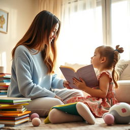 A serene parent-child interaction in a cozy living room, where a mother reads a story to her child