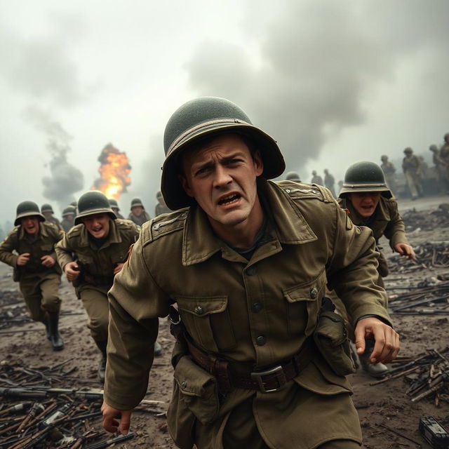 A tense and emotional scene depicting soldiers during Russia's Battle of Kursk, captured in a moment of chaos and despair set in Ukraine