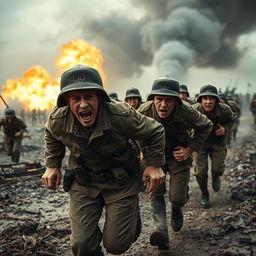 A tense and emotional scene depicting soldiers during Russia's Battle of Kursk, captured in a moment of chaos and despair set in Ukraine