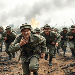 A tense and emotional scene depicting soldiers during Russia's Battle of Kursk, captured in a moment of chaos and despair set in Ukraine