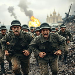 A tense and emotional scene depicting soldiers during Russia's Battle of Kursk, captured in a moment of chaos and despair set in Ukraine
