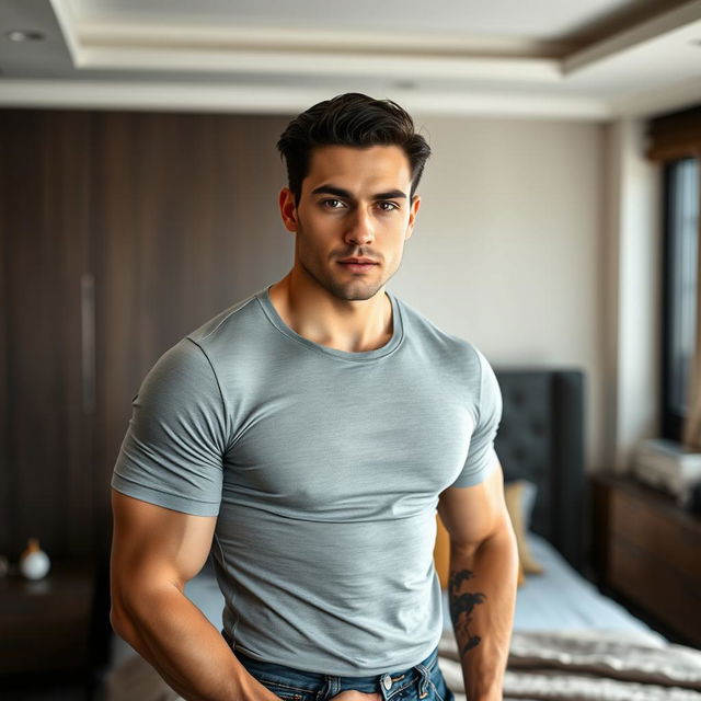 A handsome man posed for the camera in a well-lit masculine bedroom, standing confidently