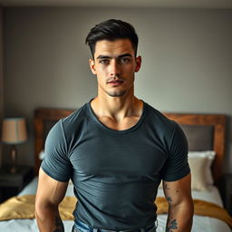 A handsome man posed for the camera in a well-lit masculine bedroom, standing confidently