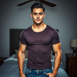 A handsome man posed for the camera in a well-lit masculine bedroom, standing confidently