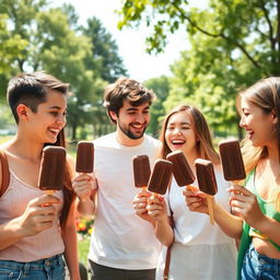 A lively scene featuring a group of young adults enjoying chocolate ice cream popsicles together in a bright, sunny park