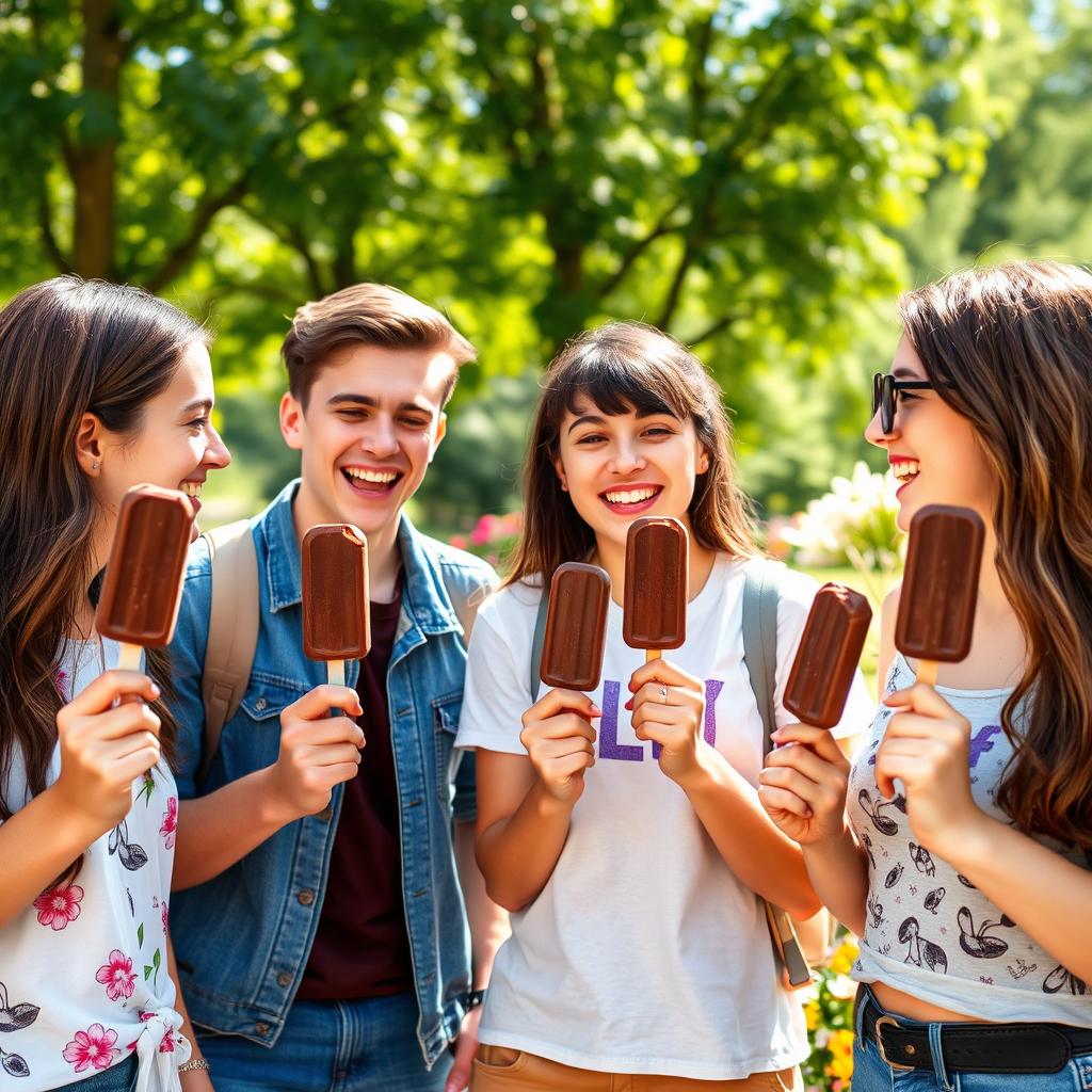 A lively scene featuring a group of young adults enjoying chocolate ice cream popsicles together in a bright, sunny park