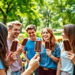 A lively scene featuring a group of young adults enjoying chocolate ice cream popsicles together in a bright, sunny park