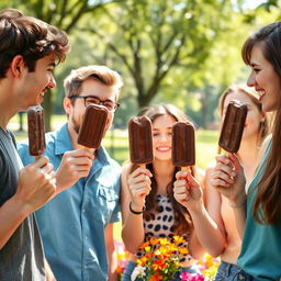 A lively scene featuring a group of young adults enjoying chocolate ice cream popsicles together in a bright, sunny park