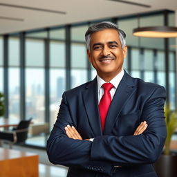 A professional portrait of a confident business professional in a modern office setting