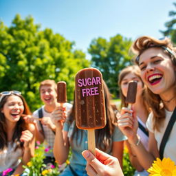 A vibrant scene featuring a group of young adults joyfully enjoying chocolate ice cream popsicles in a sunny park